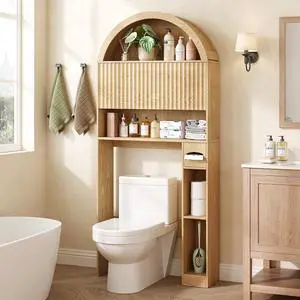 31" W Arched Over The Toilet Storage Cabinet, Fluted Doors, Natural | Over Toilet Bathroom Organizer with Doors, Bathroom Storage Cabinet with Toilet Paper Holder and Anti-Tipping Device 31" W Arched Over The Toilet Storage Cabinet, Fluted Doors, Natural | Over Toilet Bathroom Organizer with Doors, Bathroom Storage Cabinet with Toilet Paper Holder and Anti-Tipping Device