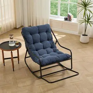 Outdoor Patio Rocking Chair with Removable Cushion, Armless Accent Lounge Chair with Soft Corduroy Cushion, Metal Frame and Footrest for Living Room, Bedroom, Reading Room, Navy Blue Outdoor Patio Rocking Chair with Removable Cushion, Armless Accent Lounge Chair with Soft Corduroy Cushion, Metal Frame and Footrest for Living Room, Bedroom, Reading Room, Navy Blue