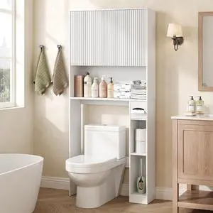 31" W Wooden Over The Toilet Storage Cabinet, Fluted Doors, White | Over Toilet Bathroom Organizer with Doors, Bathroom Storage Cabinet with Toilet Paper Holder and Anti-Tipping Device 31" W Wooden Over The Toilet Storage Cabinet, Fluted Doors, White | Over Toilet Bathroom Organizer with Doors, Bathroom Storage Cabinet with Toilet Paper Holder and Anti-Tipping Device