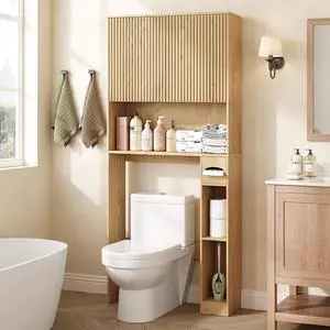 31" W Wooden Over The Toilet Storage Cabinet, Fluted Doors, Natural | Over Toilet Bathroom Organizer with Doors, Bathroom Storage Cabinet with Toilet Paper Holder and Anti-Tipping Device 31" W Wooden Over The Toilet Storage Cabinet, Fluted Doors, Natural | Over Toilet Bathroom Organizer with Doors, Bathroom Storage Cabinet with Toilet Paper Holder and Anti-Tipping Device