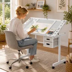 Adjustable Glass Drafting Table with Storage Drawers and Wheels, White | Rolling Drawing Desk Tiltable Tempered Glass Top, Angle Adjustable, Diamond Painting, Craft DIY Workstation Art Table Adjustable Glass Drafting Table with Storage Drawers and Wheels, White | Rolling Drawing Desk Tiltable Tempered Glass Top, Angle Adjustable, Diamond Painting, Craft DIY Workstation Art Table