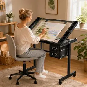 Adjustable Glass Drafting Table with Storage Drawers and Wheels, Black | Rolling Drawing Desk Tiltable Tempered Glass Top, Angle Adjustable, Diamond Painting, Craft DIY Workstation Art Table Adjustable Glass Drafting Table with Storage Drawers and Wheels, Black | Rolling Drawing Desk Tiltable Tempered Glass Top, Angle Adjustable, Diamond Painting, Craft DIY Workstation Art Table