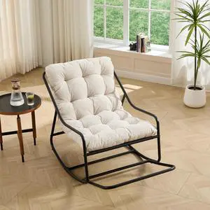 Outdoor Patio Rocking Chair with Removable Cushion, Armless Accent Lounge Chair with Soft Corduroy Cushion, Metal Frame and Footrest for Living Room, Bedroom, Reading Room, White Outdoor Patio Rocking Chair with Removable Cushion, Armless Accent Lounge Chair with Soft Corduroy Cushion, Metal Frame and Footrest for Living Room, Bedroom, Reading Room, White