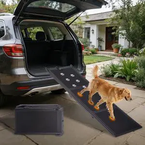 Foldable Dog Ramp for Car, 71" L x 16" W Pet Ramp for Medium & Large Dogs, Outdoor Folding Dog Car Steps with Non-Slip Rug Surface and PP Plastic Frame for SUV & Truck, Supports up to 250LBS Foldable Dog Ramp for Car, 71" L x 16" W Pet Ramp for Medium & Large Dogs, Outdoor Folding Dog Car Steps with Non-Slip Rug Surface and PP Plastic Frame for SUV & Truck, Supports up to 250LBS