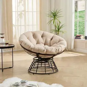 Wicker Papasan Chair with Removable Cushion, 360° Swivel Rattan Patio Chair with Soft Thick Cushion, Comfy Reading Lounger for Outdoor Indoor Living Room, Bedroom, Reading Room, Beige Wicker Papasan Chair with Removable Cushion, 360° Swivel Rattan Patio Chair with Soft Thick Cushion, Comfy Reading Lounger for Outdoor Indoor Living Room, Bedroom, Reading Room, Beige