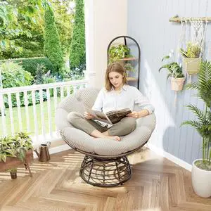 Wicker Papasan Chair with Removable Cushion, 360° Swivel Rattan Patio Chair with Soft Thick Cushion, Comfy Reading Lounger for Outdoor Indoor Living Room, Bedroom, Reading Room, White Wicker Papasan Chair with Removable Cushion, 360° Swivel Rattan Patio Chair with Soft Thick Cushion, Comfy Reading Lounger for Outdoor Indoor Living Room, Bedroom, Reading Room, White