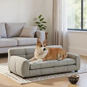 38" Dog Sofa Bed, Elevated Dog Bed with Backrest and Armrests, Soft Memory Foam Couches for Small and Medium-Sized Pets, Durable Linen Pet Couch Furniture, Beige 38" Dog Sofa Bed, Elevated Dog Bed with Backrest and Armrests, Soft Memory Foam Couches for Small and Medium-Sized Pets, Durable Linen Pet Couch Furniture, Beige
