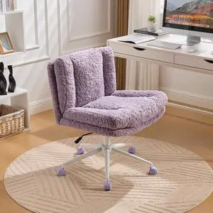 Armless Faux Fur Vanity Chair, 360° Swivel Office Chair with Wheels, Wide Seat Desk Chair with Low Back and Metal Base, Adjustable Height Rolling Stool for Home Office, Meditation & Makeup, Violet Armless Faux Fur Vanity Chair, 360° Swivel Office Chair with Wheels, Wide Seat Desk Chair with Low Back and Metal Base, Adjustable Height Rolling Stool for Home Office, Meditation & Makeup, Violet