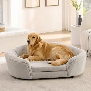 Large Dog Bed, Linen Upholstered Dog Sofa with Removable and Washable Cushion Cover, Comfy Oval Pet Bed with Supportive Foam and Button-Tufted Backrest, Elevated Pet Couch with Legs, Beige Large Dog Bed, Linen Upholstered Dog Sofa with Removable and Washable Cushion Cover, Comfy Oval Pet Bed with Supportive Foam and Button-Tufted Backrest, Elevated Pet Couch with Legs, Beige
