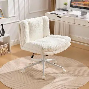Armless Faux Fur Vanity Chair, 360° Swivel Office Chair with Wheels, Wide Seat Desk Chair with Low Back and Metal Base, Adjustable Height Rolling Stool for Home Office, Meditation & Makeup, Cream Armless Faux Fur Vanity Chair, 360° Swivel Office Chair with Wheels, Wide Seat Desk Chair with Low Back and Metal Base, Adjustable Height Rolling Stool for Home Office, Meditation & Makeup, Cream