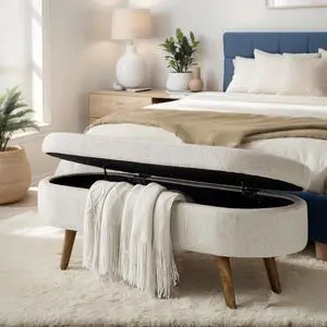 43.5" Storage Ottoman Bench, Linen Upholstered Bedroom Bench, Oval Shaped Ottoman with Rubber Wood Legs, Footrest Stool for End of Bed,Living Room, Entryway, Beige 43.5" Storage Ottoman Bench, Linen Upholstered Bedroom Bench, Oval Shaped Ottoman with Rubber Wood Legs, Footrest Stool for End of Bed,Living Room, Entryway, Beige