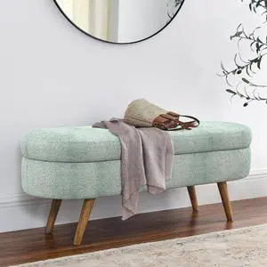 43.5" Storage Ottoman Bench, Upholstered Bedroom Bench, Oval Shaped Ottoman with Rubber Wood Legs, Foot Stool for End of Bed,Living Room, Entryway, Cyan 43.5" Storage Ottoman Bench, Upholstered Bedroom Bench, Oval Shaped Ottoman with Rubber Wood Legs, Foot Stool for End of Bed,Living Room, Entryway, Cyan