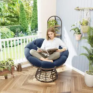 Wicker Papasan Chair with Removable Cushion, 360° Swivel Rattan Patio Chair with Soft Thick Cushion, Comfy Reading Lounger for Outdoor Indoor Living Room, Bedroom, Reading Room, Navy Blue Wicker Papasan Chair with Removable Cushion, 360° Swivel Rattan Patio Chair with Soft Thick Cushion, Comfy Reading Lounger for Outdoor Indoor Living Room, Bedroom, Reading Room, Navy Blue