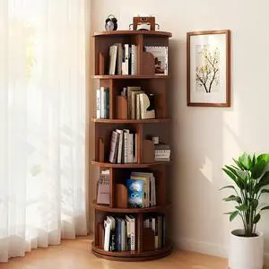 5 Tier Corner Bookshelf, 360° Rotating Tall Bookcase with Side Panels, Space Saving Round Spinning Display Shelf, Storage Tower Rack for Bedroom, Living Room, Small Space, Office, Walnut 5 Tier Corner Bookshelf, 360° Rotating Tall Bookcase with Side Panels, Space Saving Round Spinning Display Shelf, Storage Tower Rack for Bedroom, Living Room, Small Space, Office, Walnut