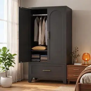 Metal Armoire Wardrobe Closet with Hanging Rod, 60" Tall Wardrobe Cabinet with Drawer, 2 Doors, Coat Organizers and Storage with Adjustable Shelf for Bedroom, Office, Entryway, Guesthouse, Black Metal Armoire Wardrobe Closet with Hanging Rod, 60" Tall Wardrobe Cabinet with Drawer, 2 Doors, Coat Organizers and Storage with Adjustable Shelf for Bedroom, Office, Entryway, Guesthouse, Black