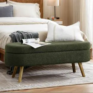 43.5" Storage Ottoman Bench, Linen Upholstered Bedroom Bench, Oval Shaped Ottoman with Rubber Wood Legs, Footrest Stool for End of Bed,Living Room, Entryway, Green 43.5" Storage Ottoman Bench, Linen Upholstered Bedroom Bench, Oval Shaped Ottoman with Rubber Wood Legs, Footrest Stool for End of Bed,Living Room, Entryway, Green