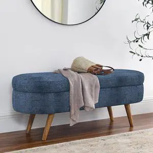 43.5" Storage Ottoman Bench, Upholstered Bedroom Bench, Oval Shaped Ottoman with Rubber Wood Legs, Foot Stool for End of Bed,Living Room, Entryway, Dark Blue 43.5" Storage Ottoman Bench, Upholstered Bedroom Bench, Oval Shaped Ottoman with Rubber Wood Legs, Foot Stool for End of Bed,Living Room, Entryway, Dark Blue