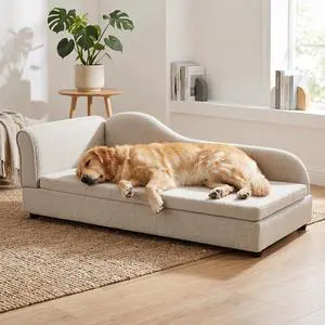Elevated Dog Bed for Extra Large Dogs, 55" Large Dog Couch with Removable Cushion, Backrest and Single Armrest, Linen Fabric Pet Lounging Sofa Bed with Washable Soft Cushion Cover & Low Feet, Beige Elevated Dog Bed for Extra Large Dogs, 55" Large Dog Couch with Removable Cushion, Backrest and Single Armrest, Linen Fabric Pet Lounging Sofa Bed with Washable Soft Cushion Cover & Low Feet, Beige