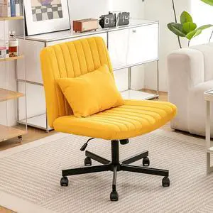 Vanity Chair with Back, Adjustable Height Criss Cross Desk Chair with Wheels, Armless Swivel Rolling Stool with Back Pillow for Home Office, Meditation & Makeup, Linen, Yellow Vanity Chair with Back, Adjustable Height Criss Cross Desk Chair with Wheels, Armless Swivel Rolling Stool with Back Pillow for Home Office, Meditation & Makeup, Linen, Yellow