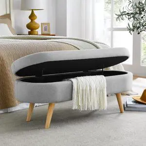 43.5" Storage Ottoman Bench, Linen Upholstered Bedroom Bench, Oval Shaped Ottoman with Rubber Wood Legs, Footrest Stool for End of Bed,Living Room, Entryway, Grey 43.5" Storage Ottoman Bench, Linen Upholstered Bedroom Bench, Oval Shaped Ottoman with Rubber Wood Legs, Footrest Stool for End of Bed,Living Room, Entryway, Grey
