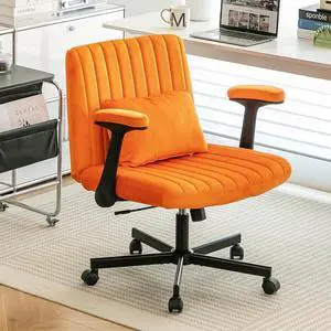 Criss Cross Office Desk Chair with Wheels, Swivel Armchair with Foldable Armrests, Back Pillow, Velvet Vanity Chair Rolling Stool with Adjustable Back for Home Office, Meditation & Makeup, Orange Criss Cross Office Desk Chair with Wheels, Swivel Armchair with Foldable Armrests, Back Pillow, Velvet Vanity Chair Rolling Stool with Adjustable Back for Home Office, Meditation & Makeup, Orange
