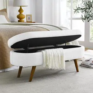 43.5" Storage Ottoman Bench, Linen Upholstered Bedroom Bench, Oval Shaped Ottoman with Rubber Wood Legs, Footrest Stool for End of Bed,Living Room, Entryway, White 43.5" Storage Ottoman Bench, Linen Upholstered Bedroom Bench, Oval Shaped Ottoman with Rubber Wood Legs, Footrest Stool for End of Bed,Living Room, Entryway, White
