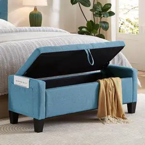 45" Bedroom Ottoman Bench with Lift-Top Lid, PU Leather Upholstered Storage Bench with Side Pocket, 350 lbs Weight Capacity, Button Tufted Entryway Foot Stool for End of Bed, Living Room, Light Blue 45" Bedroom Ottoman Bench with Lift-Top Lid, PU Leather Upholstered Storage Bench with Side Pocket, 350 lbs Weight Capacity, Button Tufted Entryway Foot Stool for End of Bed, Living Room, Light Blue