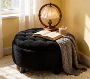 25" Round Ottoman Coffee Table with Removable Lid, Storage Ottoman Bench with Double Side Top, Small Space Side Table, Button Tufted Upholstered Footstool for Living Room, Bedroom, Office, Black 25" Round Ottoman Coffee Table with Removable Lid, Storage Ottoman Bench with Double Side Top, Small Space Side Table, Button Tufted Upholstered Footstool for Living Room, Bedroom, Office, Black