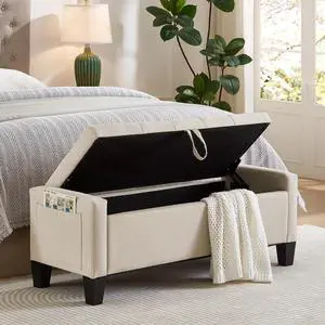 45" Bedroom Ottoman Bench with Lift-Top Lid, Linen Leather Upholstered Storage Bench with Side Pocket, 350 lbs Weight Capacity, Button Tufted Entryway Foot Stool for End of Bed, Living Room, Beige 45" Bedroom Ottoman Bench with Lift-Top Lid, Linen Leather Upholstered Storage Bench with Side Pocket, 350 lbs Weight Capacity, Button Tufted Entryway Foot Stool for End of Bed, Living Room, Beige