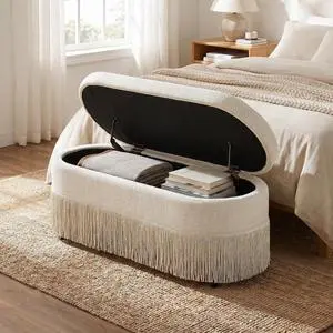 39" Storage Bench with Fringe Trim & Lift-Top Lid, Upholstered Ottoman with Hidden Storage, Oval End of Bed Bench with Metal Frame, Functional Footrest for Entryway, Living Room or Bedroom, Beige 39" Storage Bench with Fringe Trim & Lift-Top Lid, Upholstered Ottoman with Hidden Storage, Oval End of Bed Bench with Metal Frame, Functional Footrest for Entryway, Living Room or Bedroom, Beige