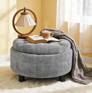 25" Round Ottoman Coffee Table with Removable Lid, Storage Ottoman Bench with Double Side Top, Small Space Side Table, Button Tufted Upholstered Footstool for Living Room, Bedroom, Office, Light Gray 25" Round Ottoman Coffee Table with Removable Lid, Storage Ottoman Bench with Double Side Top, Small Space Side Table, Button Tufted Upholstered Footstool for Living Room, Bedroom, Office, Light Gray