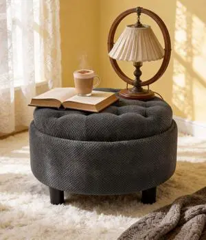25" Round Ottoman Coffee Table with Removable Lid, Storage Ottoman Bench with Double Side Top, Small Space Side Table, Button Tufted Upholstered Footstool for Living Room, Bedroom, Office, Dark Gray 25" Round Ottoman Coffee Table with Removable Lid, Storage Ottoman Bench with Double Side Top, Small Space Side Table, Button Tufted Upholstered Footstool for Living Room, Bedroom, Office, Dark Gray