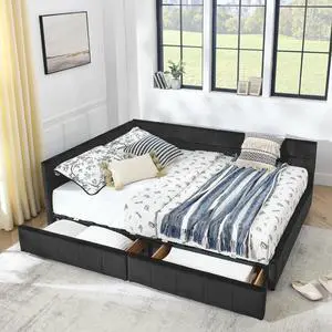 Velvet Queen Size Daybed with Storage Drawers, Tufted Day Bed Frame, L-Shape Queen Daybed with Comfortable Backrest and Armrests, Upholstered Corner Sofa Bed for Bedroom, Living Room, Black Velvet Queen Size Daybed with Storage Drawers, Tufted Day Bed Frame, L-Shape Queen Daybed with Comfortable Backrest and Armrests, Upholstered Corner Sofa Bed for Bedroom, Living Room, Black