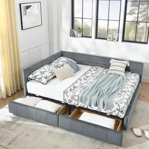 Velvet Queen Size Daybed with Storage Drawers, Tufted Day Bed Frame, L-Shape Queen Daybed with Comfortable Backrest and Armrests, Upholstered Corner Sofa Bed for Bedroom, Living Room, Grey Velvet Queen Size Daybed with Storage Drawers, Tufted Day Bed Frame, L-Shape Queen Daybed with Comfortable Backrest and Armrests, Upholstered Corner Sofa Bed for Bedroom, Living Room, Grey