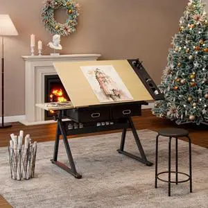 Height Adjustable Drafting Table with Stool, Drawing Art Desk with 2 Drawers, Artist Table with 75° Tilted Tabletop, Sketching Painting Artwork Station for Home Office School Reading, Crafting, Maple Height Adjustable Drafting Table with Stool, Drawing Art Desk with 2 Drawers, Artist Table with 75° Tilted Tabletop, Sketching Painting Artwork Station for Home Office School Reading, Crafting, Maple