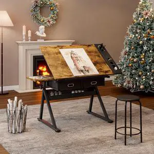 Drafting Table with Storage, Adjustable Drawing Table with 2 Drawers and Stool,Art Desk for Adults,Metal Frame Workstation for Home Office and School, Wood Drafting Table with Storage, Adjustable Drawing Table with 2 Drawers and Stool,Art Desk for Adults,Metal Frame Workstation for Home Office and School, Wood