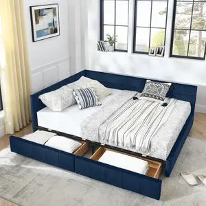 Velvet Queen Size Daybed with Storage Drawers, Tufted Day Bed Frame, L-Shape Queen Daybed with Comfortable Backrest and Armrests, Upholstered Corner Sofa Bed for Bedroom, Living Room, Dark Blue Velvet Queen Size Daybed with Storage Drawers, Tufted Day Bed Frame, L-Shape Queen Daybed with Comfortable Backrest and Armrests, Upholstered Corner Sofa Bed for Bedroom, Living Room, Dark Blue