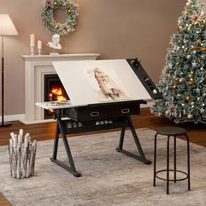 Height Adjustable Drafting Table with Stool, Drawing Art Desk with 2 Drawers, Artist Table with 75° Tilted Tabletop, Sketching Painting Crafting Artwork Station for Home Office School, Black+White Height Adjustable Drafting Table with Stool, Drawing Art Desk with 2 Drawers, Artist Table with 75° Tilted Tabletop, Sketching Painting Crafting Artwork Station for Home Office School, Black+White