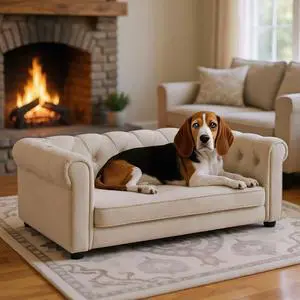 Elevated Dog Sofa with Backrest and Armrests, Button Tufted Dog Couch Bed with Soft Cushion for Medium Dogs, Stylish Lounging Bed Pet Couch Chair, 60Lbs Weight Capacity, Beige Elevated Dog Sofa with Backrest and Armrests, Button Tufted Dog Couch Bed with Soft Cushion for Medium Dogs, Stylish Lounging Bed Pet Couch Chair, 60Lbs Weight Capacity, Beige