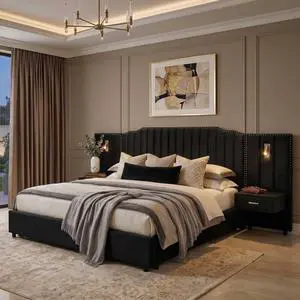 King Size Platform Bed with Wide Headboard and Bedside Table, Velvet Upholstered Bedframe with Reading Lights and Storage Drawers, Double Bed with Nailed Trim Decor, Solid Frame, Noise-Free, Black King Size Platform Bed with Wide Headboard and Bedside Table, Velvet Upholstered Bedframe with Reading Lights and Storage Drawers, Double Bed with Nailed Trim Decor, Solid Frame, Noise-Free, Black
