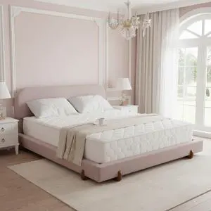 King Size Bed with Oversized Bed Frame, Chenille Upholstered Bedframe with Stylish Solid Wood Legs, Luxury Double Bed with 12 Wooden Slats, Cushioned Bedroom Furniture, Noise-Free, Pink King Size Bed with Oversized Bed Frame, Chenille Upholstered Bedframe with Stylish Solid Wood Legs, Luxury Double Bed with 12 Wooden Slats, Cushioned Bedroom Furniture, Noise-Free, Pink
