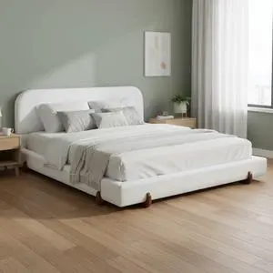 California King Bed with Oversized Bed Frame, Chenille Upholstered Bedframe with Stylish Solid Wood Legs, Luxury Double Bed with 12 Wooden Slats, Cushioned Bedroom Furniture, Noise-free, White California King Bed with Oversized Bed Frame, Chenille Upholstered Bedframe with Stylish Solid Wood Legs, Luxury Double Bed with 12 Wooden Slats, Cushioned Bedroom Furniture, Noise-free, White