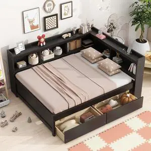 Full Size L Shaped Daybed with Storage, Corner Day Bed with Drawers, Multi-Functional Full Bookcase Bed with Power Outlets, USB Charging Ports, for Adults and Kids Bedroom, Espresso Full Size L Shaped Daybed with Storage, Corner Day Bed with Drawers, Multi-Functional Full Bookcase Bed with Power Outlets, USB Charging Ports, for Adults and Kids Bedroom, Espresso