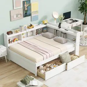 Full Size L Shaped Daybed with Storage, Corner Day Bed with Drawers, Multi-Functional Full Bookcase Bed with Power Outlets, USB Charging Ports, for Adults and Kids Bedroom, White Full Size L Shaped Daybed with Storage, Corner Day Bed with Drawers, Multi-Functional Full Bookcase Bed with Power Outlets, USB Charging Ports, for Adults and Kids Bedroom, White