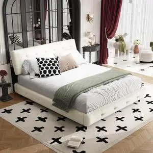 Tufted Queen Size Bed Frame with Cloud Pillow Headboard, Chenille Ultra-Soft Upholstered Bed with Extra-Large Headboard, Platform Double Bed with Metal and Wood Slats Support, Noise-Free, Beige Tufted Queen Size Bed Frame with Cloud Pillow Headboard, Chenille Ultra-Soft Upholstered Bed with Extra-Large Headboard, Platform Double Bed with Metal and Wood Slats Support, Noise-Free, Beige