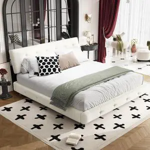 Tufted King Size Bed Frame with Cloud Pillow Headboard, Chenille Ultra-Soft Upholstered Bed with Extra-Large Headboard, Platform Double Bed with Metal and Wood Slats Support, Noise-Free, Beige Tufted King Size Bed Frame with Cloud Pillow Headboard, Chenille Ultra-Soft Upholstered Bed with Extra-Large Headboard, Platform Double Bed with Metal and Wood Slats Support, Noise-Free, Beige