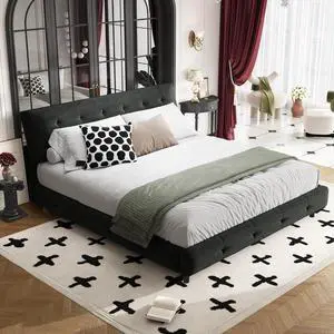 Tufted King Size Bed Frame with Cloud Pillow Headboard, Chenille Ultra-Soft Upholstered Bed with Extra-Large Headboard, Platform Double Bed with Metal and Wood Slats Support, Noise-Free, Black Tufted King Size Bed Frame with Cloud Pillow Headboard, Chenille Ultra-Soft Upholstered Bed with Extra-Large Headboard, Platform Double Bed with Metal and Wood Slats Support, Noise-Free, Black