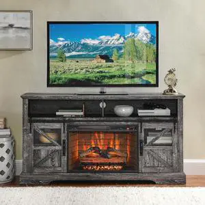Fireplace TV Stand for 65 Inch TV, 60 Entertainment Center with 26 Electric Fireplace, Media Console Table with Door Sensor, Farmhouse TV Stand for Living Room, Dark Oak Fireplace TV Stand for 65 Inch TV, 60 Entertainment Center with 26 Electric Fireplace, Media Console Table with Door Sensor, Farmhouse TV Stand for Living Room, Dark Oak