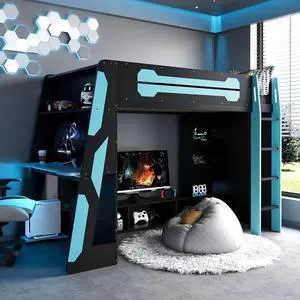 Twin Size Wood Loft Bed with Desk and Storage Shelves, Multi-Storage High Gaming Bed with Stairs, Charging Ports, RGB Light for Boys and Girls Small Space Bedroom Guest Room, Cloud Blue Twin Size Wood Loft Bed with Desk and Storage Shelves, Multi-Storage High Gaming Bed with Stairs, Charging Ports, RGB Light for Boys and Girls Small Space Bedroom Guest Room, Cloud Blue