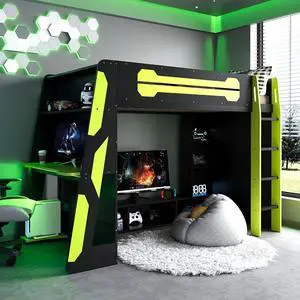 Twin Size Wood Loft Bed with Desk and Storage Shelves, Multi-Storage High Gaming Bed with Stairs, Charging Ports, RGB Light for Boys and Girls Small Space Bedroom Guest Room, Green Twin Size Wood Loft Bed with Desk and Storage Shelves, Multi-Storage High Gaming Bed with Stairs, Charging Ports, RGB Light for Boys and Girls Small Space Bedroom Guest Room, Green
